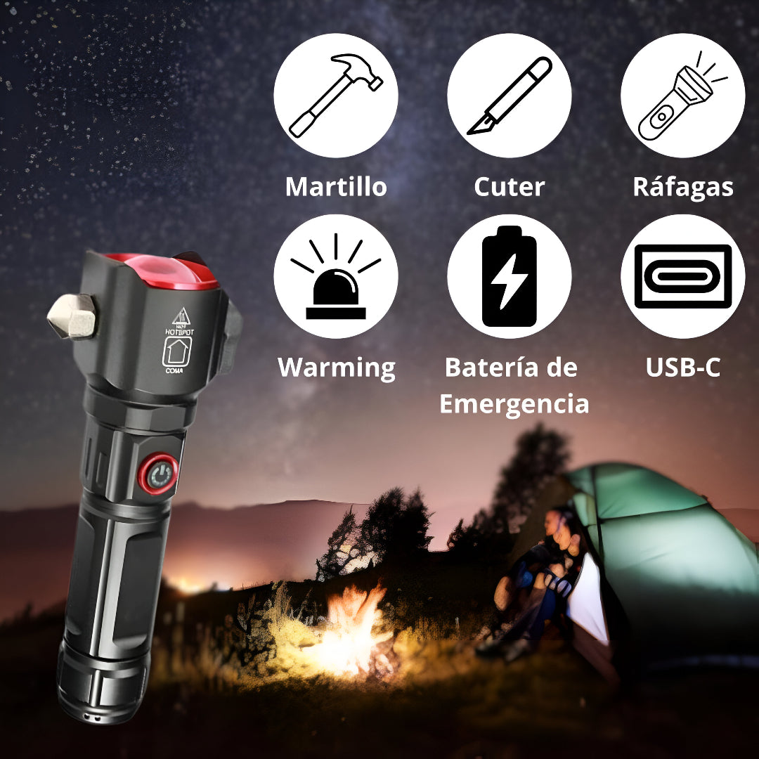 Linterna de Emergencia Superpotente Multifunción 5 en 1 – Carga USB, Power Bank y Martillo de Seguridad