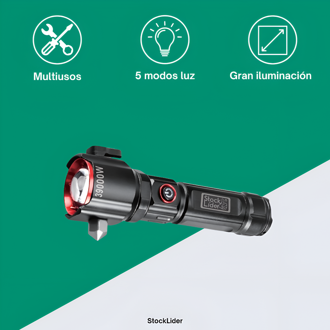 Linterna de Emergencia Superpotente Multifunción 5 en 1 – Carga USB, Power Bank y Martillo de Seguridad