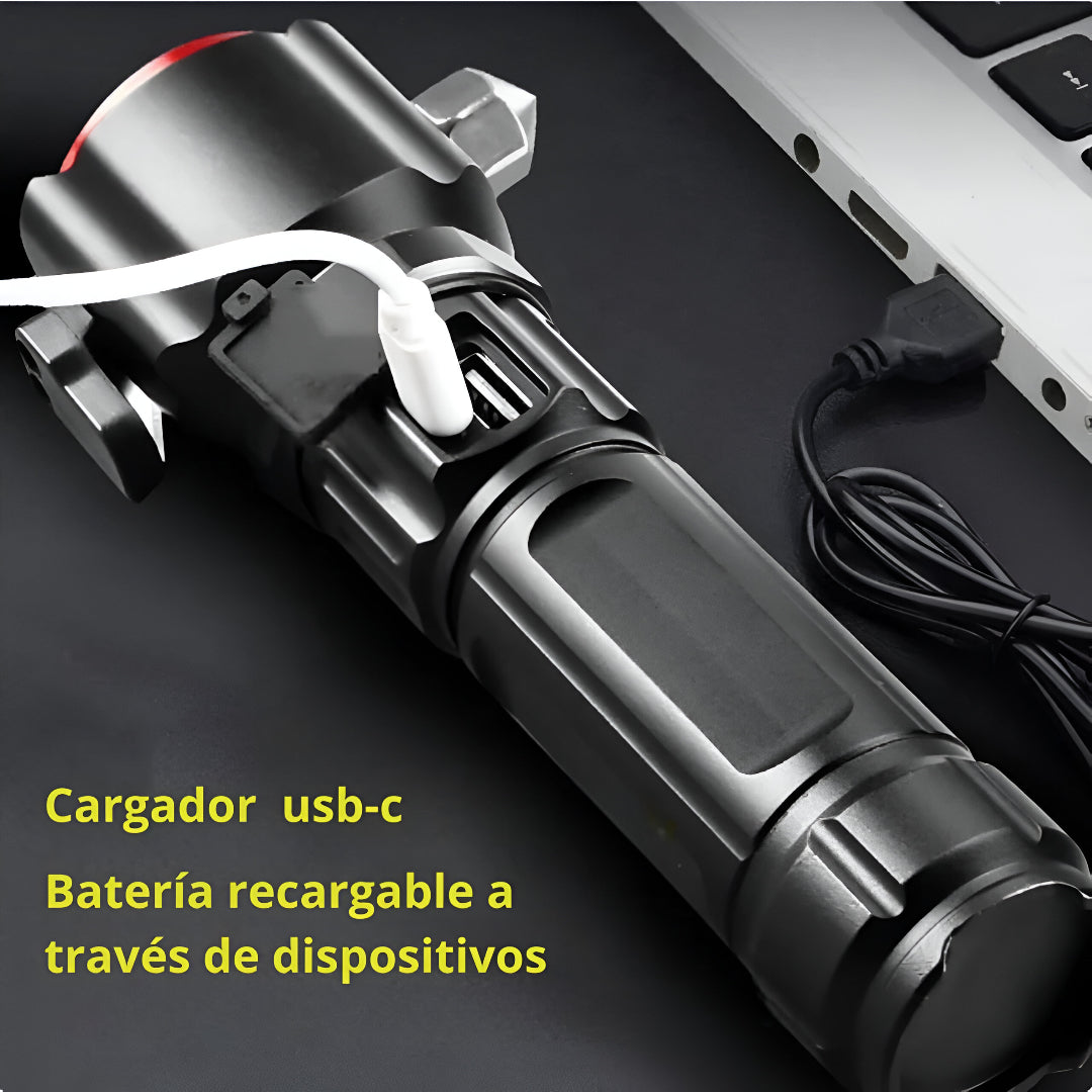 Linterna de Emergencia Superpotente Multifunción 5 en 1 – Carga USB, Power Bank y Martillo de Seguridad